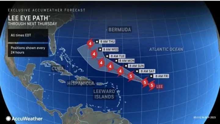 Hurricane Lee&#x27;s projected path through Thursday morning, Sept. 14.