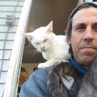 <p>Chris Arsenault at Happy Cat Sanctuary</p>