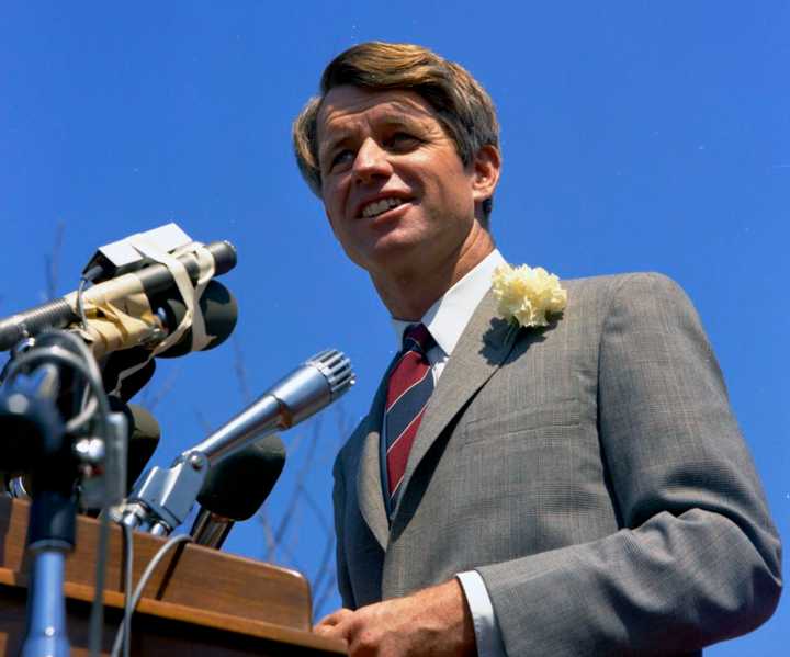 Sen. Robert F. Kennedy addresses a crowd during a presidential campaign appearance in&nbsp;California in March 1968, three months before his assassination in Los Angeles.