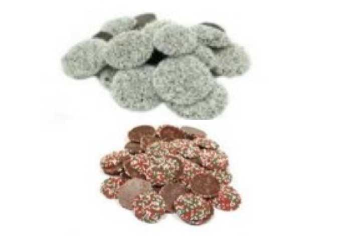 The recalled nonpareil, semi-sweet chocolate products:&nbsp;White Seeds (top), and&nbsp;Christmas Seeds.