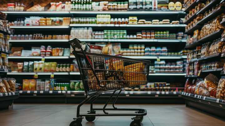 A shopping cart in a supermarket aisle.